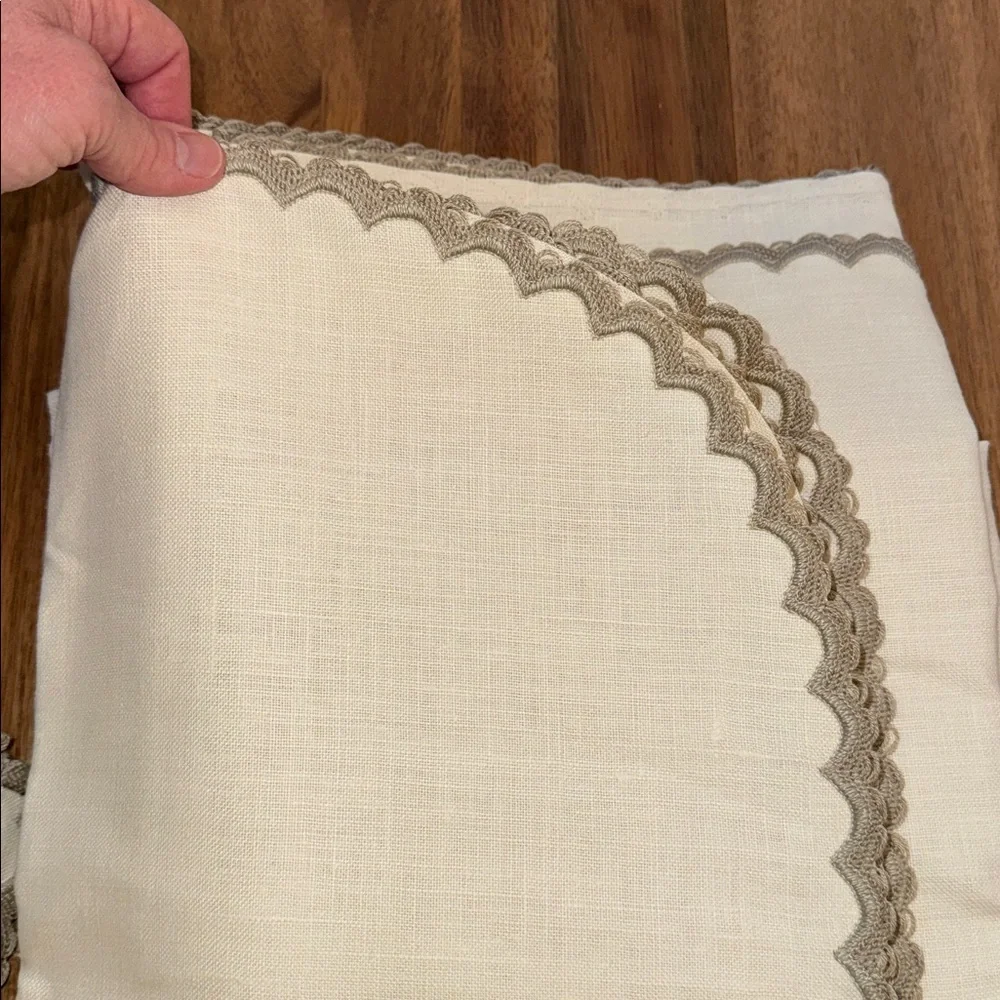 Vintage Linen Tablecloth & 8 Napkins Set Scalloped Crochet Trim Ivory